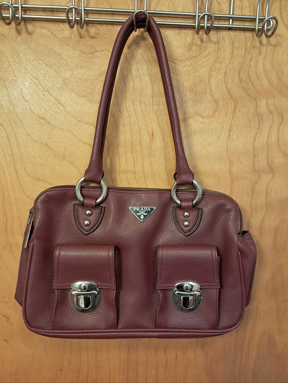 Prada Burgundy Leather Double-Pocket Shoulder Bag